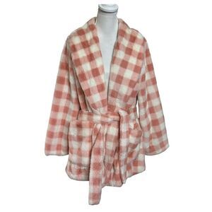 APPARIS Gingham Teddy Sherpa Coat Pink Women’s Size S/M Belted Check Jacket